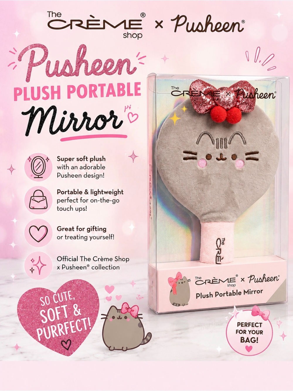 The Crème Shop x Pusheen Plush Portable Mirror - Gray Pink
